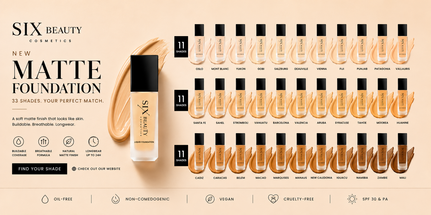 Six Beauty Cosmetics New Matte Foundation shade chart featuring 33 shades in a grid with a central bottle and cream makeup smear on a beige background.