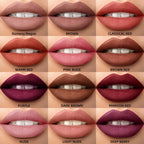 All 12 matte lipstick shades swatched on lips Six Beauty