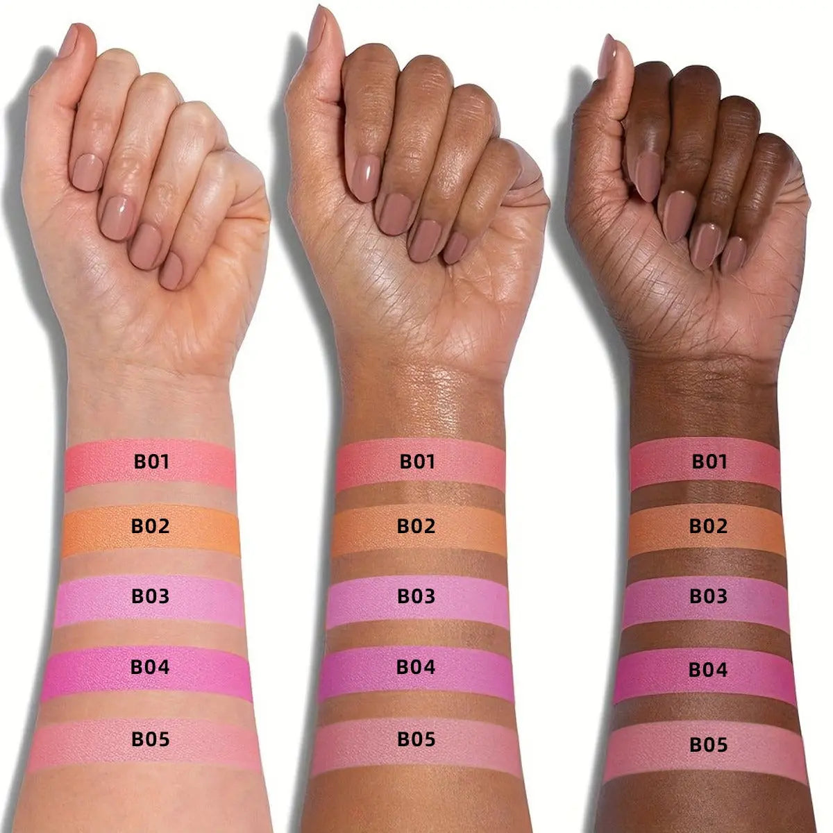 All 5 powder blush shades swatched on arm | SIX BEAUTY