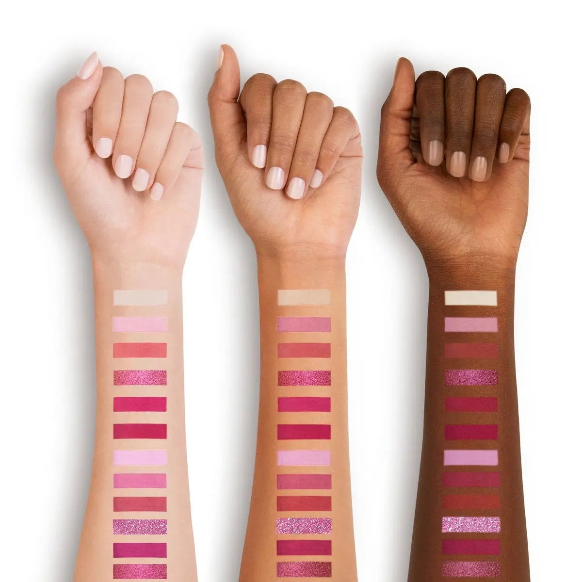 Amira's Collection eyeshadow palette swatched across three skin tones | SIX BEAUTY