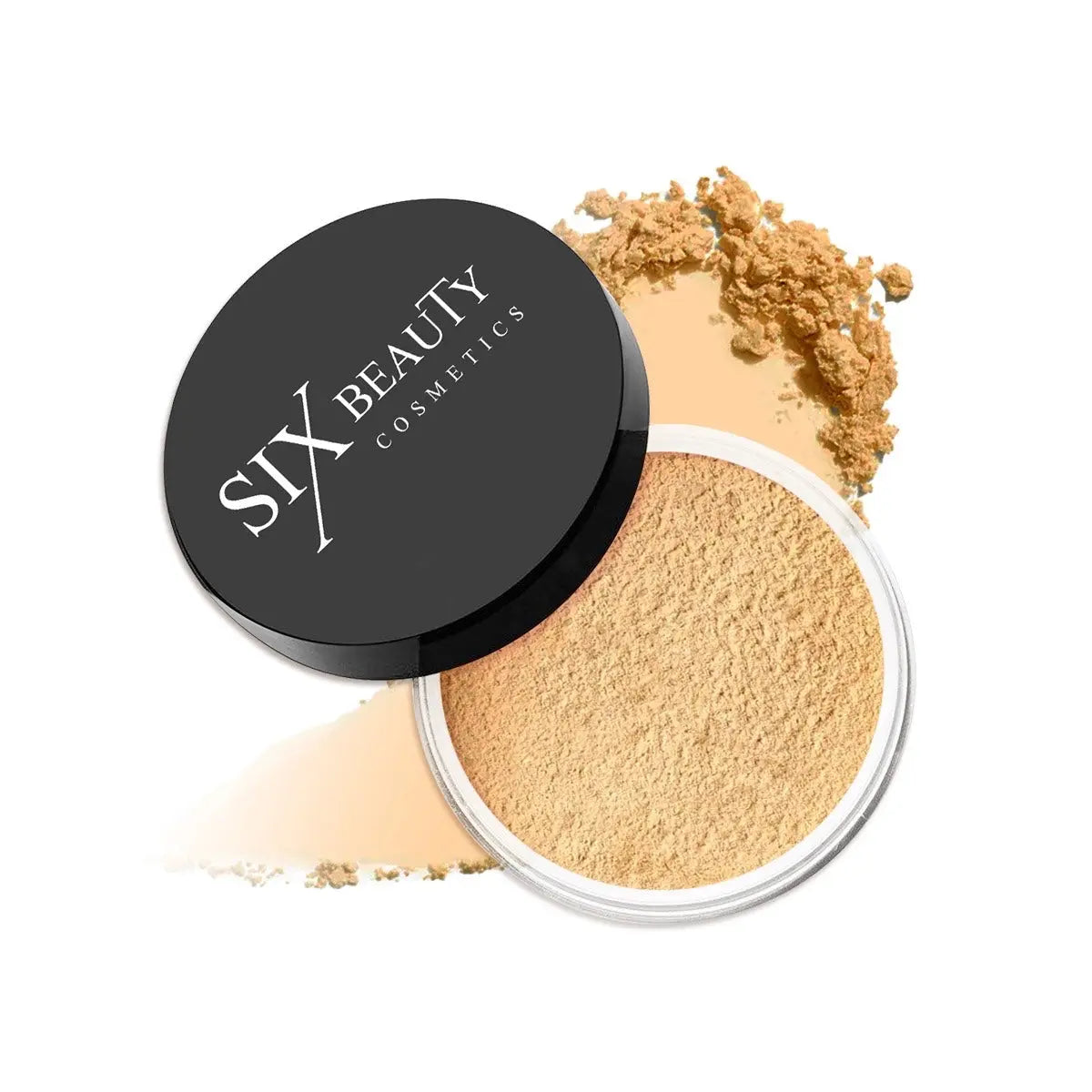 Loose setting powder in a deep shade with swatch Six Beauty