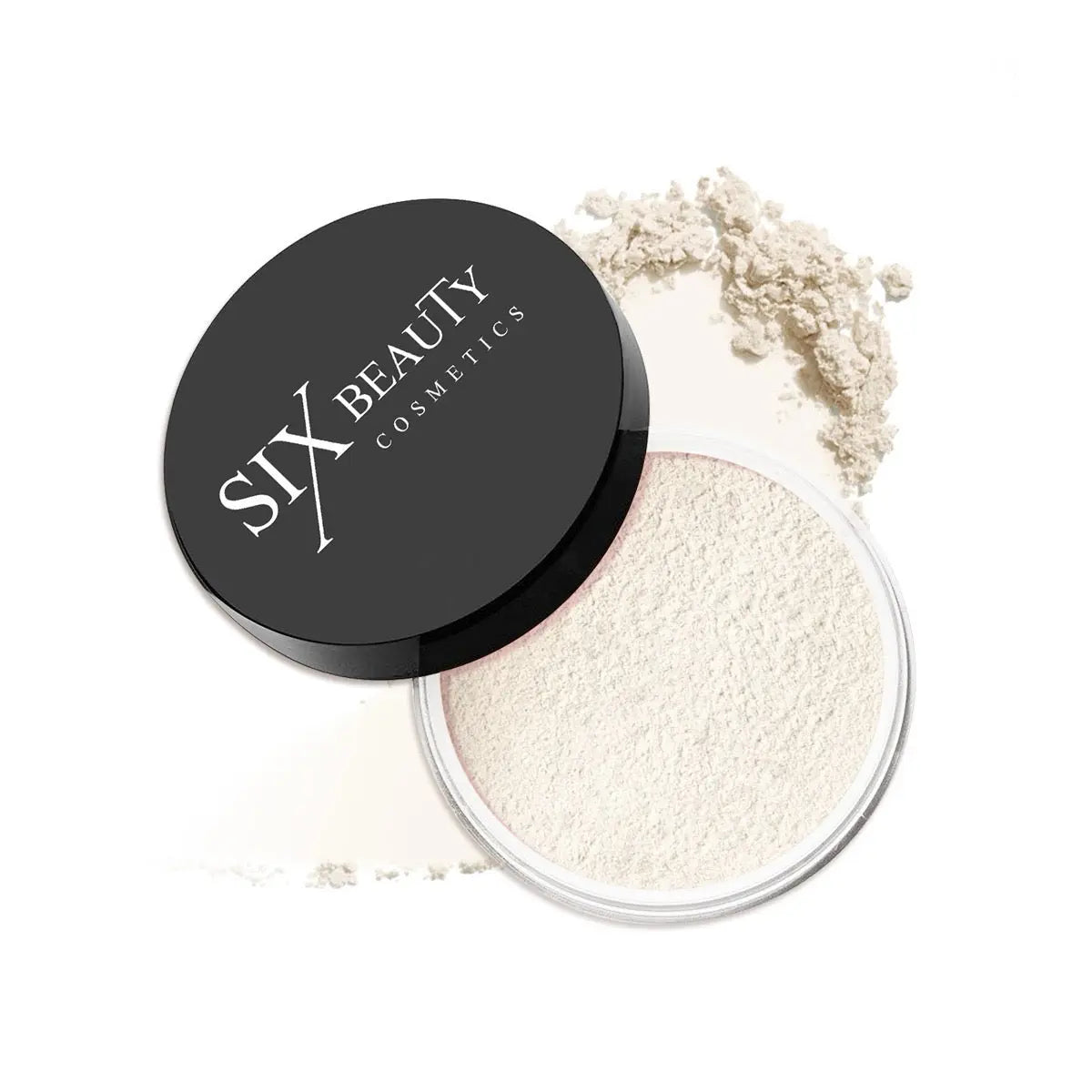 Loose setting powder in a light shade with swatch Six Beauty