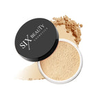 Loose setting powder in a medium shade with swatch Six Beauty