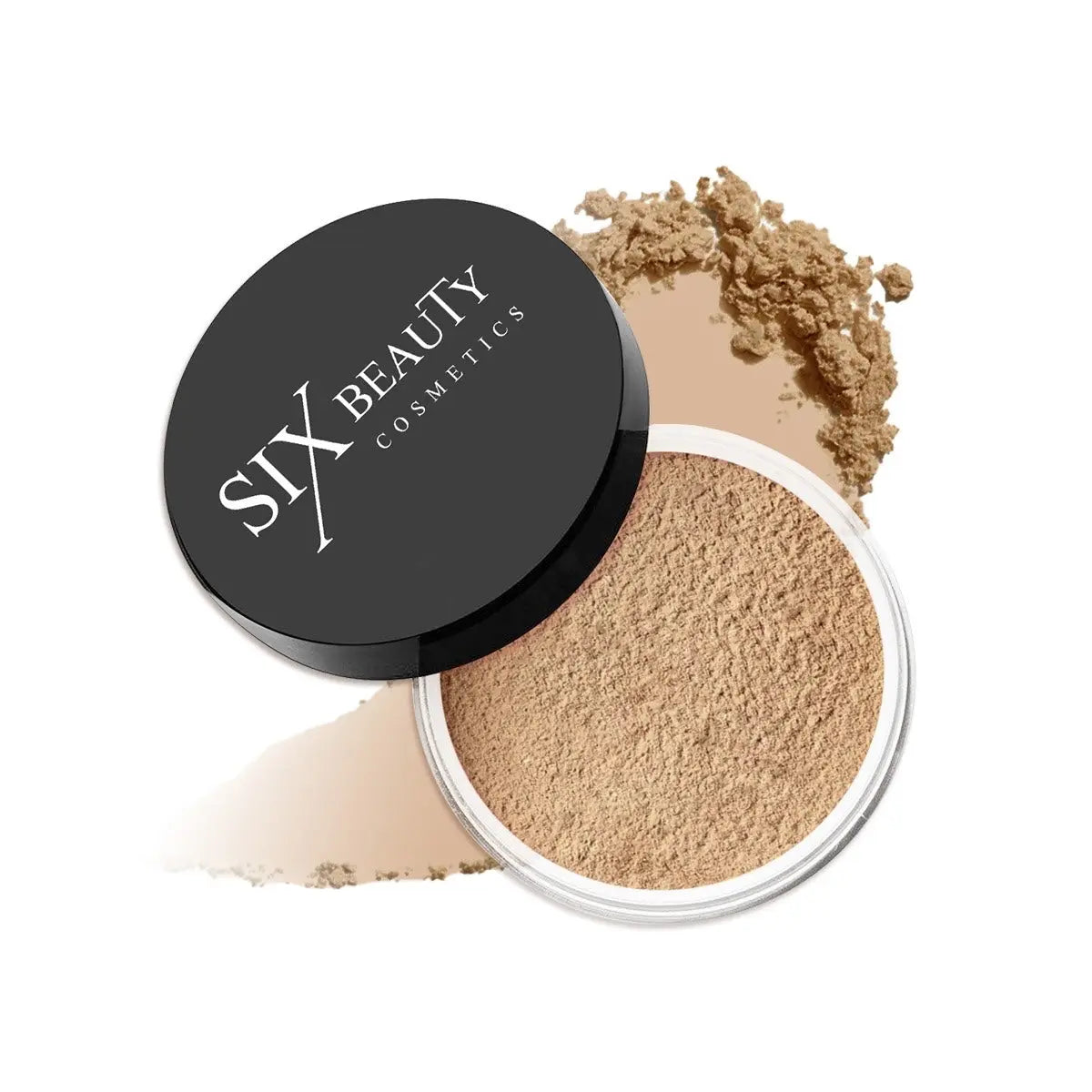 Loose setting powder in a tan shade with swatch Six Beauty