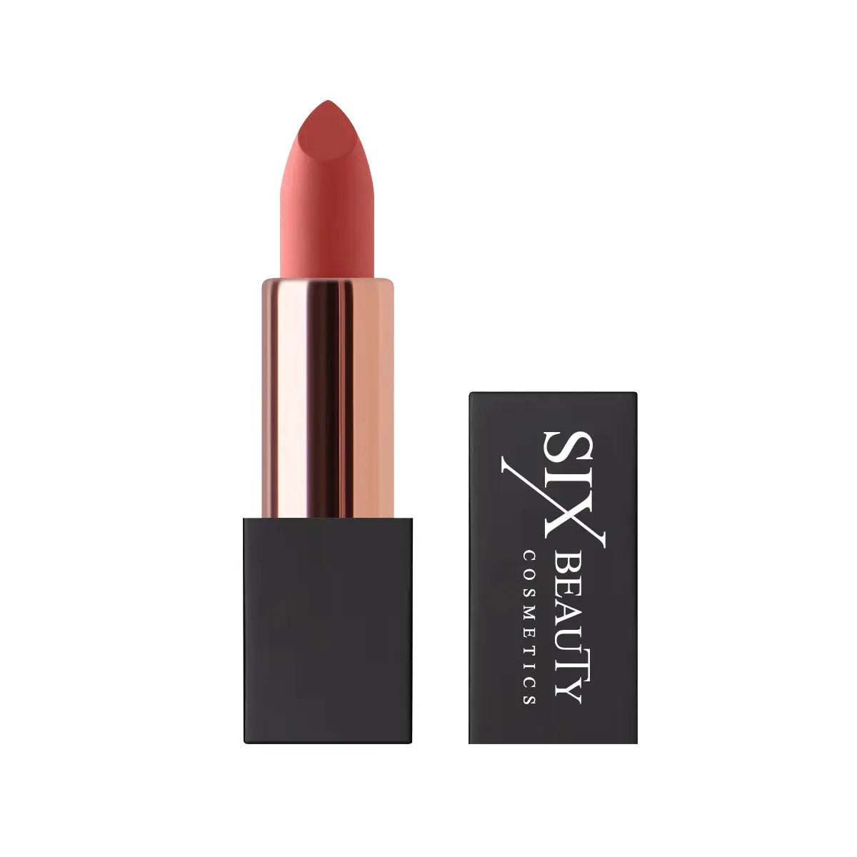 Luxury matte lipstick in Warm Red with the bullet extended Six Beauty