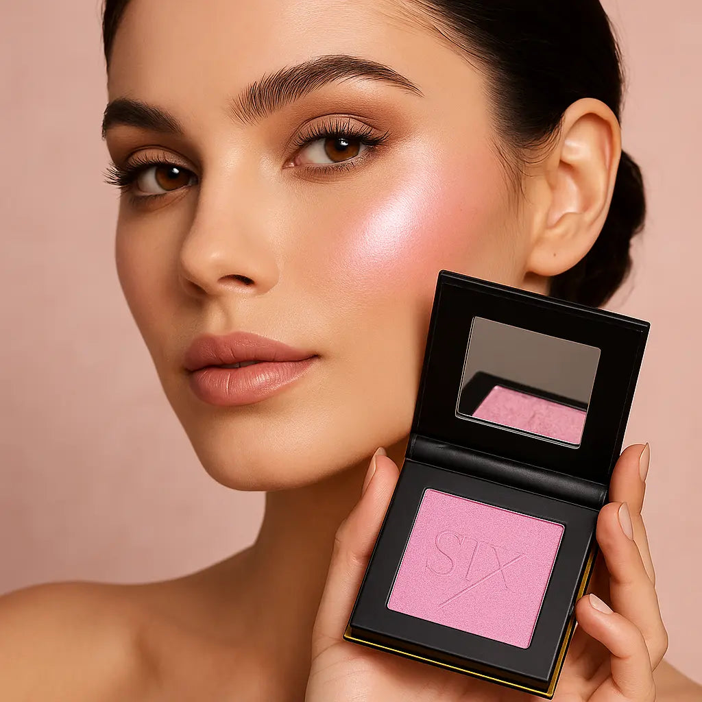 Model holding cream highlighter with pink glow | SIX BEAUTY