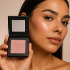 Model holding open cream highlighter compact | SIX BEAUTY