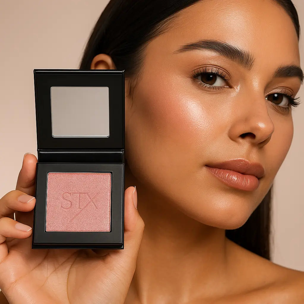 Model holding open cream highlighter compact | SIX BEAUTY