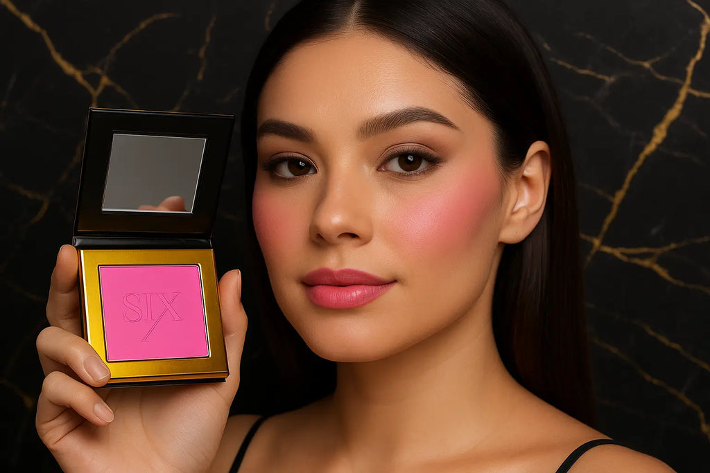 Model holding pink powder blush compact | SIX BEAUTY