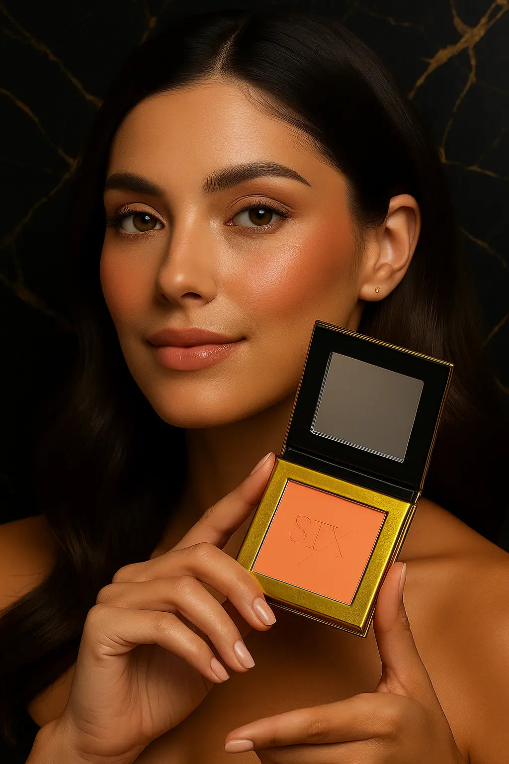 Model holding powder coral orange blush compact | SIX BEAUTY