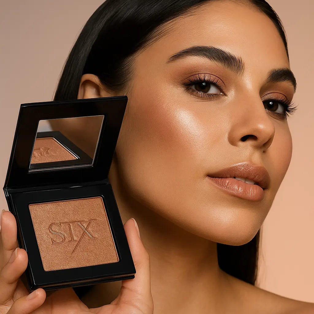 Model wearing bronze cream highlighter on cheeks | SIX BEAUTY
