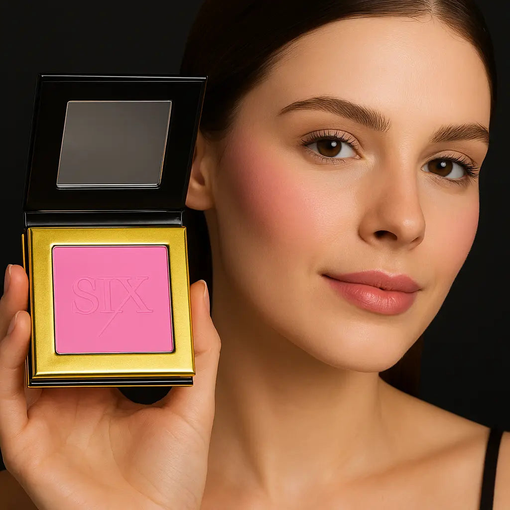 Model wearing  magenta pink powder blush compact | SIX BEAUTY
