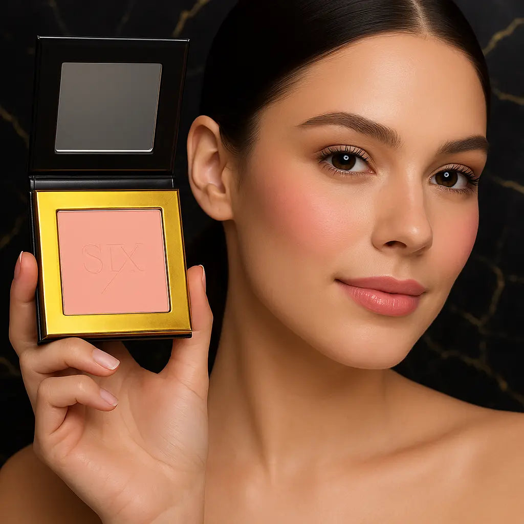 Model wearing soft peach blush holding compact | SIX BEAUTY