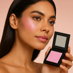 Model with pink cream highlighter on cheekbones | SIX BEAUTY