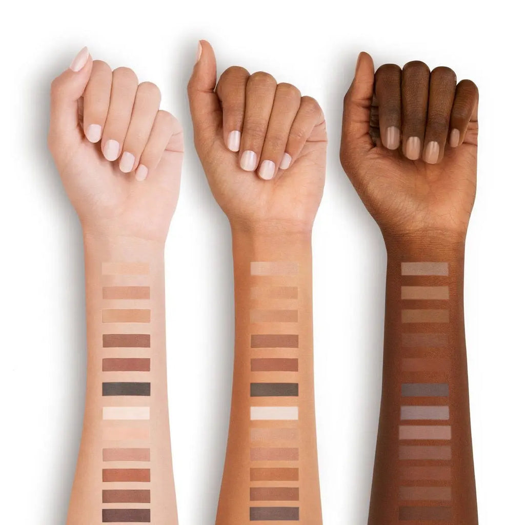 Nude eyeshadow palette swatched across three skin tones | SIX BEAUTY
