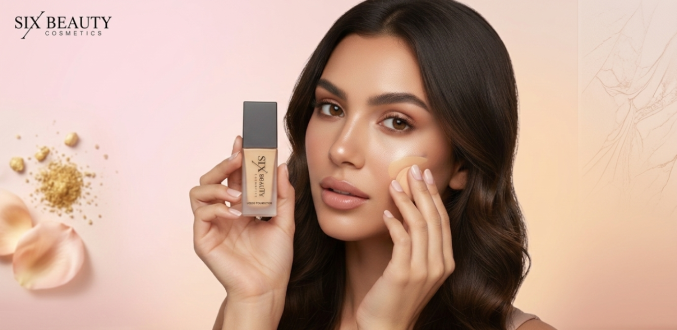 Woman applying makeup with a foundation stick on a soft pink background, featuring Six Beauty products.
