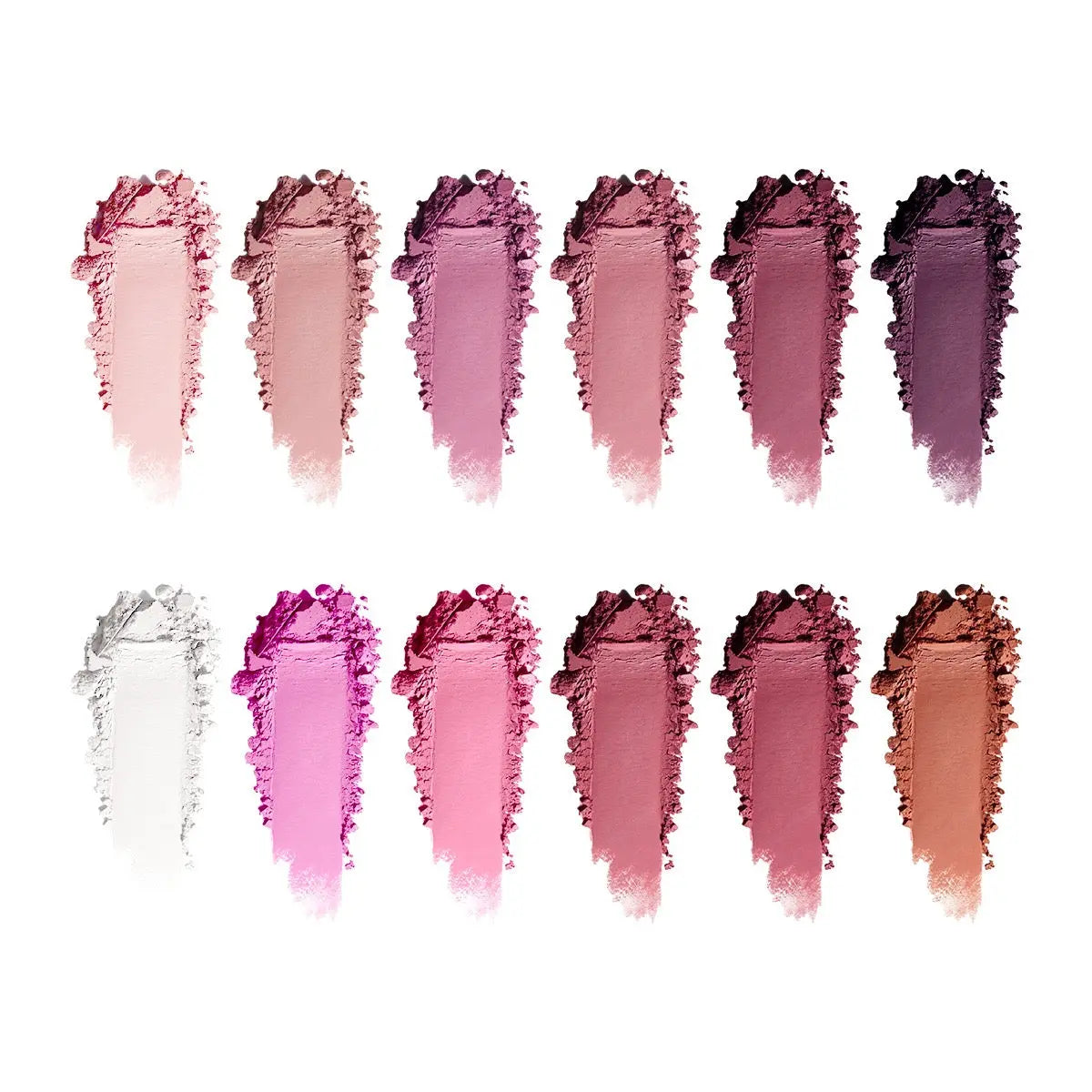 Swatch chart of all 12 shades in the Pink Collection eyeshadow palette | SIX BEAUTY