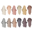 Swatch chart of all 12 shades in the gold eyeshadow palette - Six Beauty