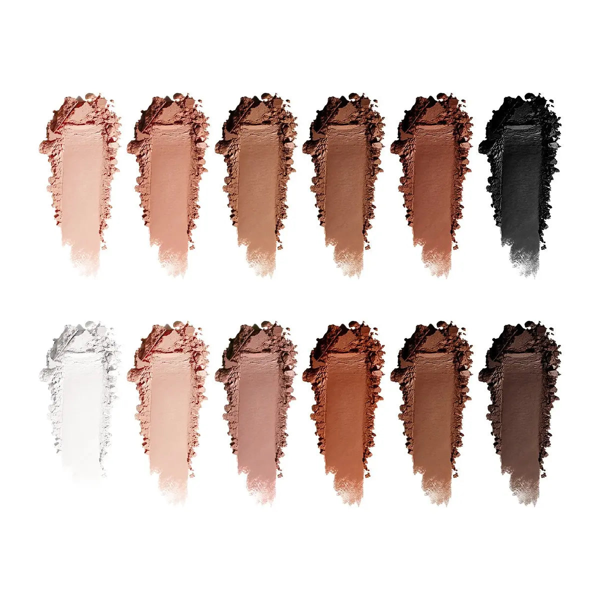 Swatch chart of all 12 shades in the nude eyeshadow palette | SIX BEAUTY